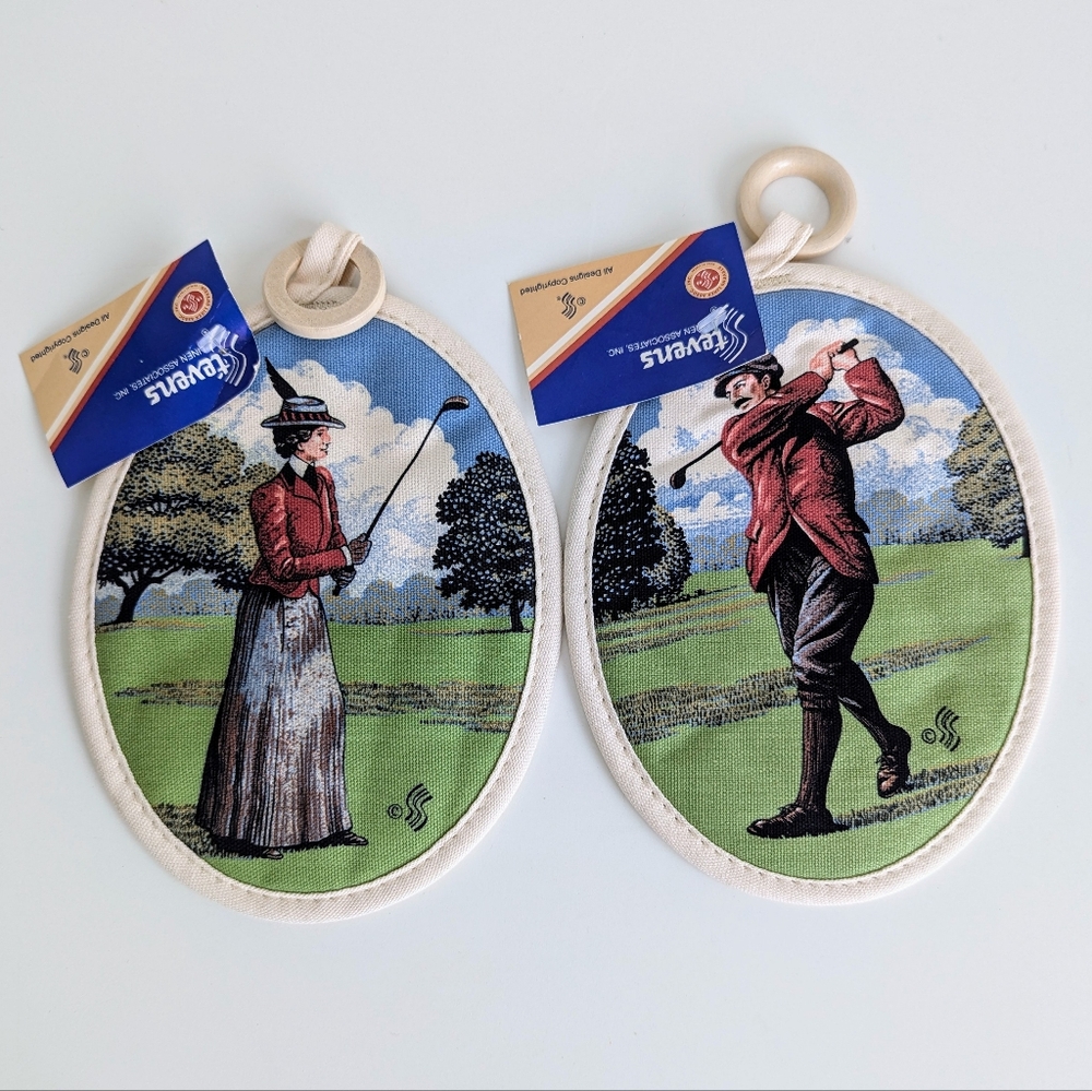 Vtg Golf Nostalgia Decorative Hot Pad Set STEVENS LINEN Gentleman Lady Golfer